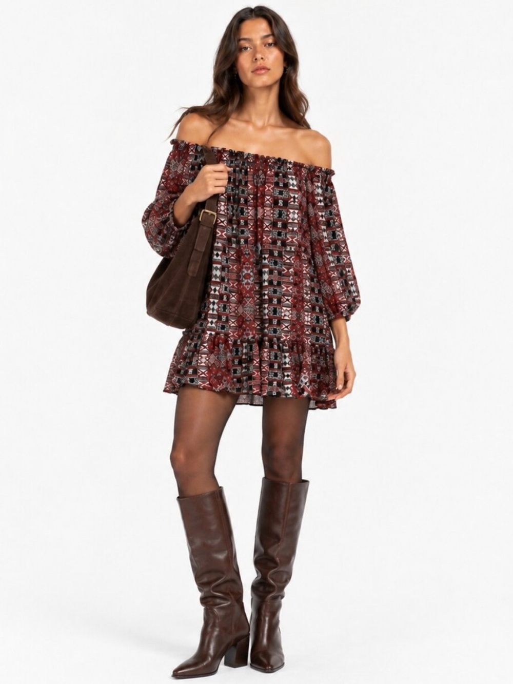 BB Dakota Burgundy Geometric Off Shoulder Ruffle Mini Dress – Size Small EUC